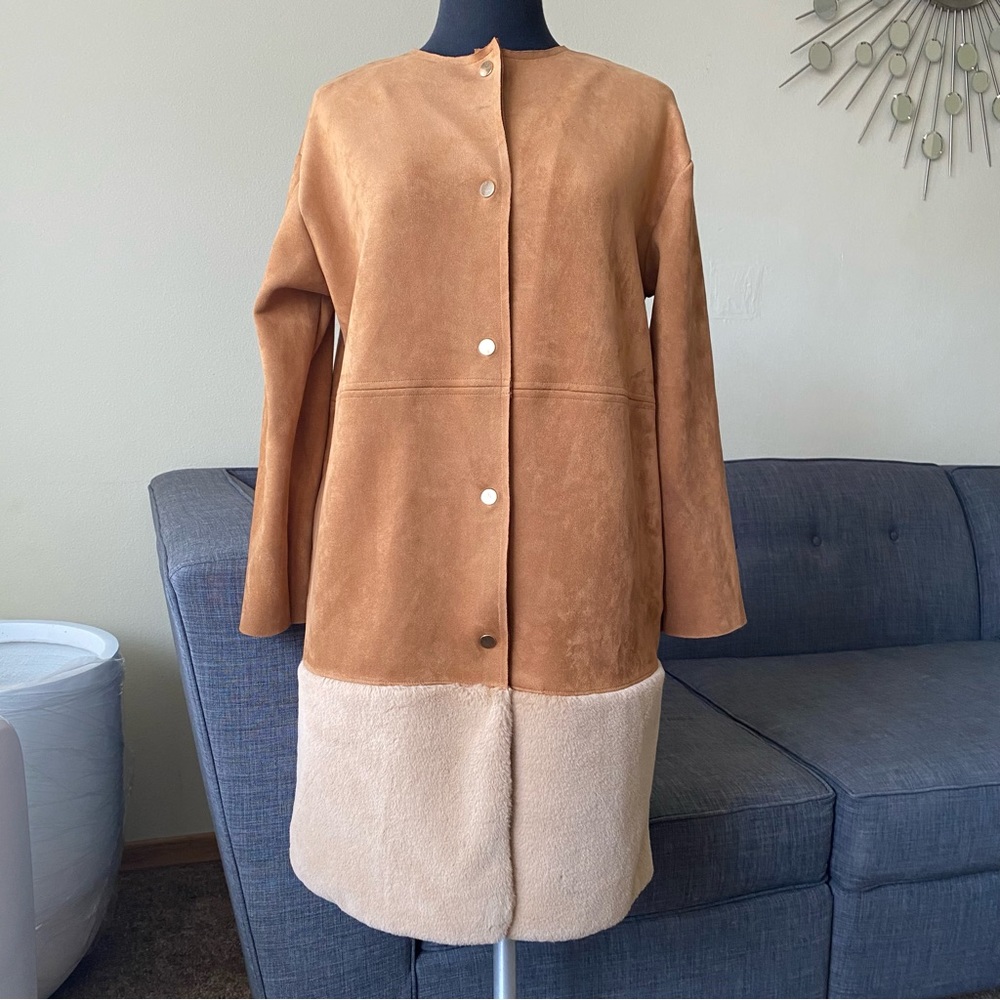 Zara Faux Suede Long Jacket Coat Brown